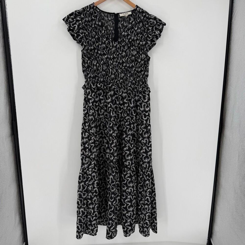Sea New York Thandi Smocked Textured Maxi Dress Short Flutter Sleeve 8 Black